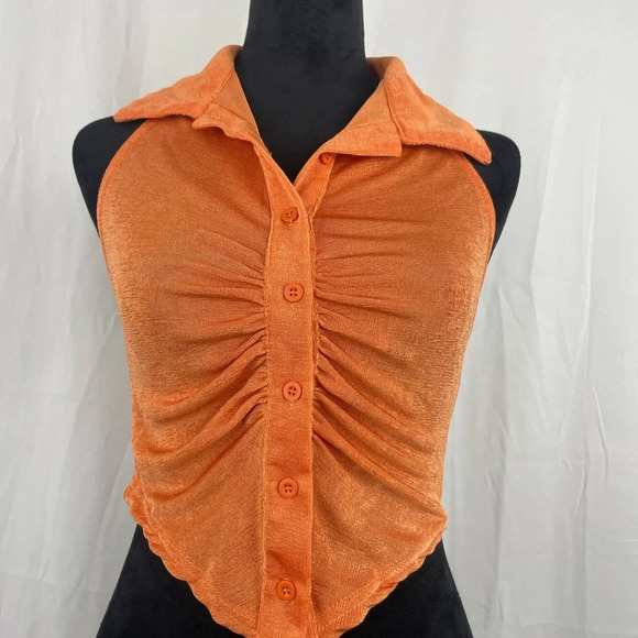 NWT Orange Backless Collared Halter Crop Top - Picture 5 of 9